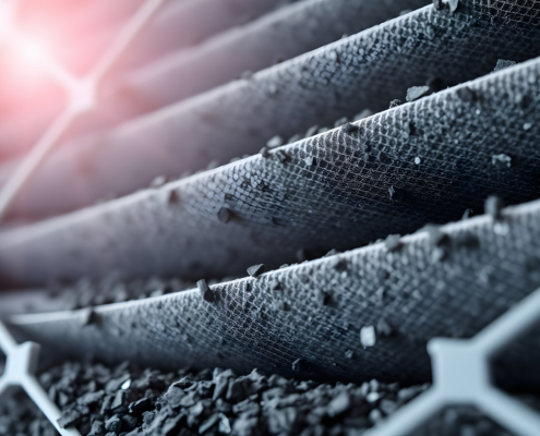 Close-up of multi-stage air filter with uv radiation and activated carbon granules. Replaceable carbon air purifier filter. Hepa filter surface background isolated with white highlights, png